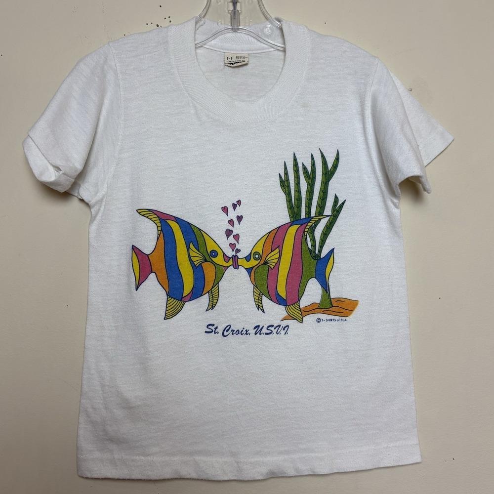 VTG Screen Stars Virgin Islands Tropical Fish White T-Shirt Made In USA 80